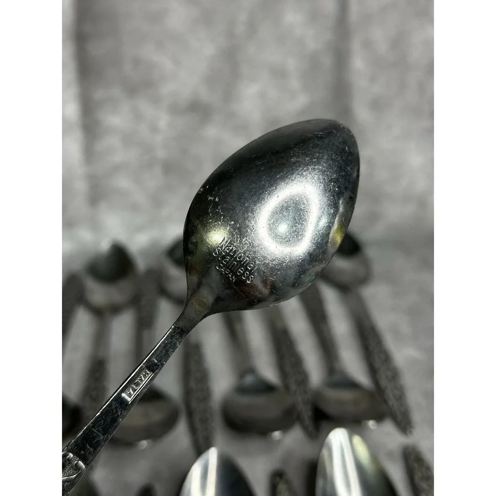 17 Dinner Spoons National Stainless Japan Malta  NSTMAL Geometric MCM‎